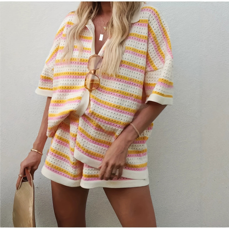 European and American Cross-Border Hollow-Out Knit Striped Casual Suit for Women, Turn-Down Collar Short-Sleeve Shirt, Elastic Waist Shorts Two-Piece Set European and American Cross-Border Hollow-Out Knit Striped Casual Suit for Women, Turn-Down Collar Short-Sleeve Shirt, Elastic Waist Shorts Two-Piece Set