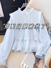 天蓝色雪纺上衣女春秋法式娃娃衫短款小衫亮色泡泡长袖衬衫