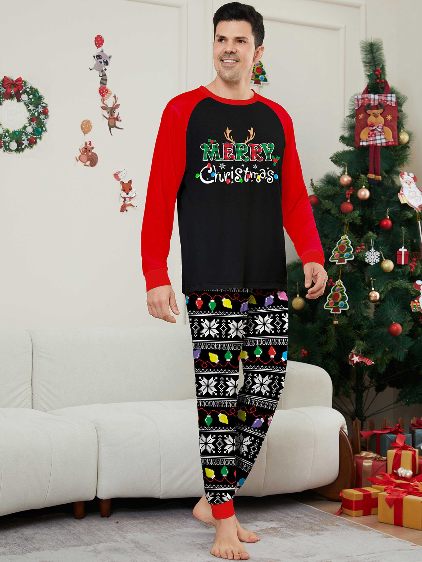 Pyjama imprimé pour la maison avec lettres de Noël et rayures en flocons de neige_voghion.com