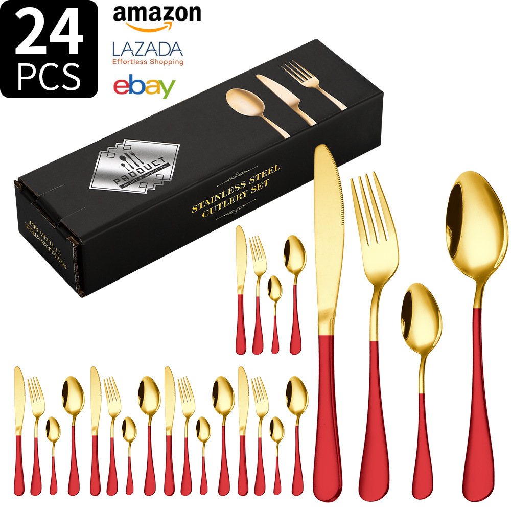 Juego de vajilla de acero inoxidable Transfronterizo Amazon 1010 juego de 24 piezas de vajilla occidental bistec cuchillo tenedor cuchara juego de caja de regalo