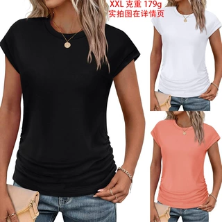 2026跨境欧美外贸亚马逊女式上衣时尚褶皱帽袖跨境圆领短袖T恤女