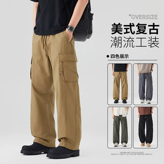 纯棉洗褪工装裤男2026秋季新款抽绳松紧腰直筒休闲裤美式复古裤子