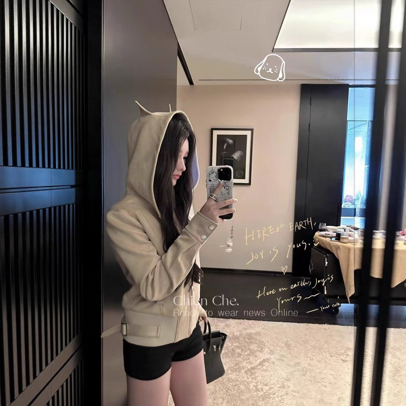 车迟恩Chien 小恶魔复古麂皮绒夹克上衣春连帽拉链卫衣短款外套女|undefined