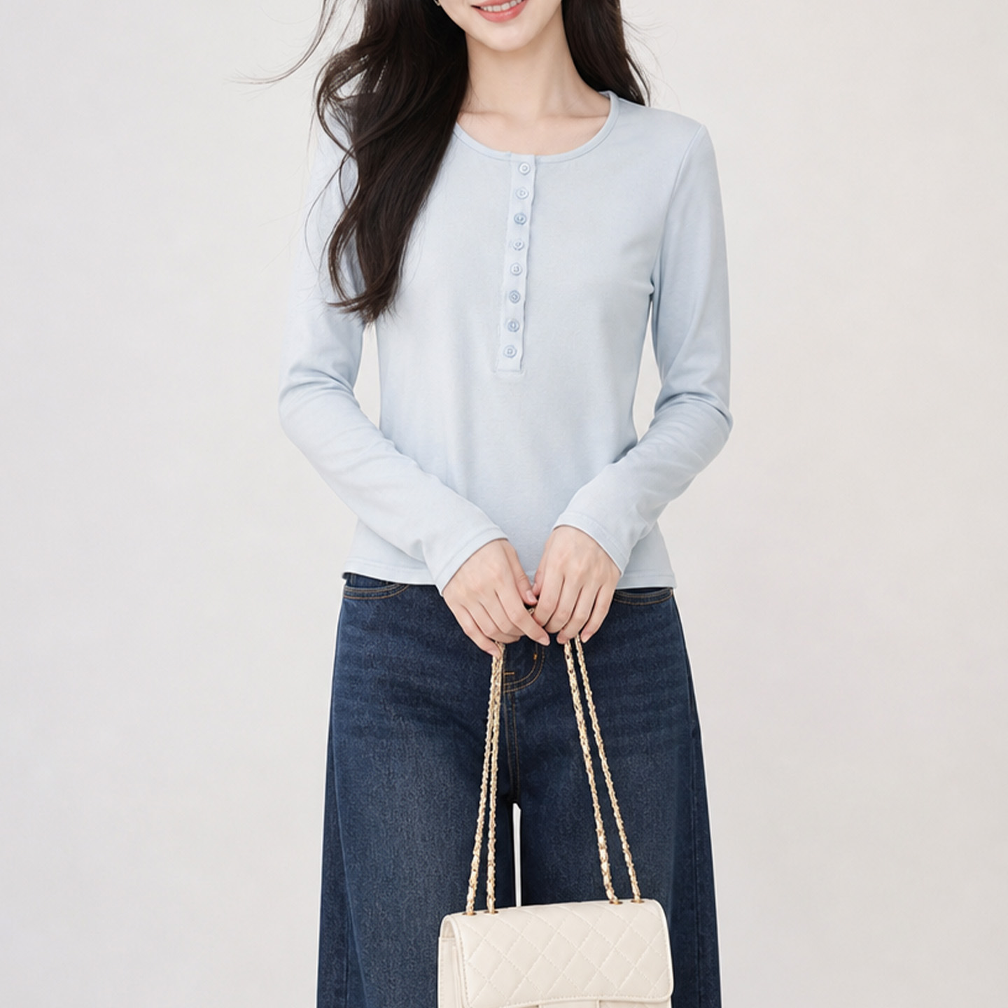 2026年女士秋季新款软糯半开扣圆领打底衫大码上衣C06D58