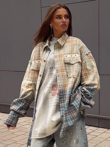 美式街头风渐变色格子外套百搭翻领铆钉装饰磨毛长袖衬衫男女同款|undefined