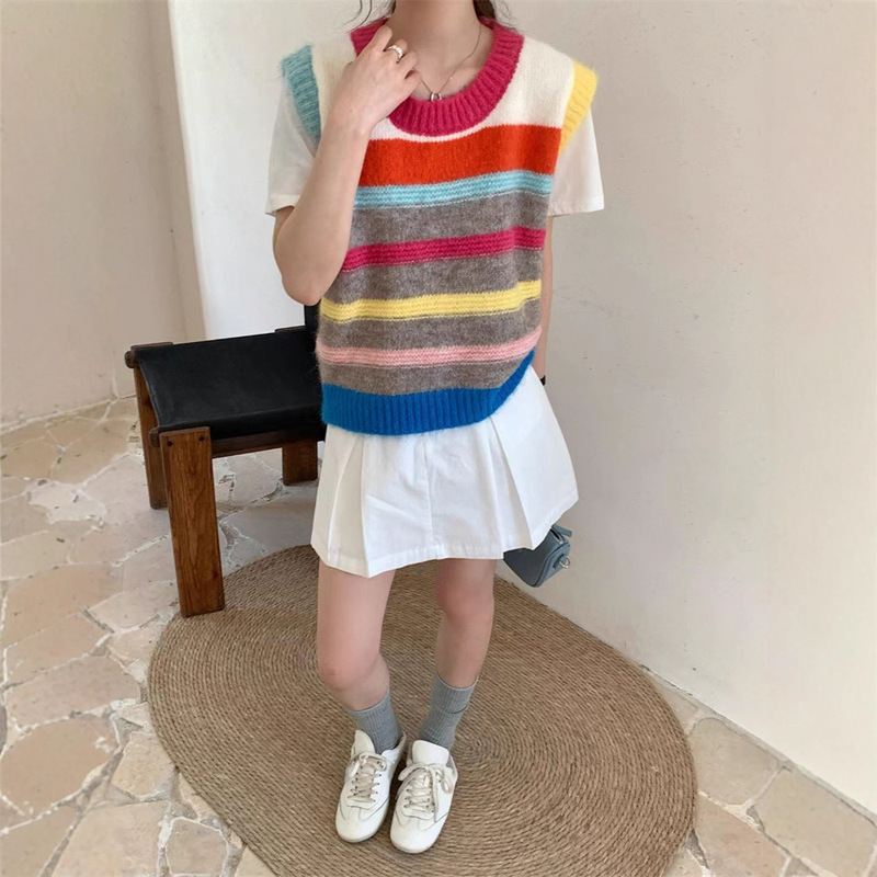 多巴胺彩虹条纹圆领针织马甲女叠穿超好看无袖毛衣背心软糯上衣潮|undefined