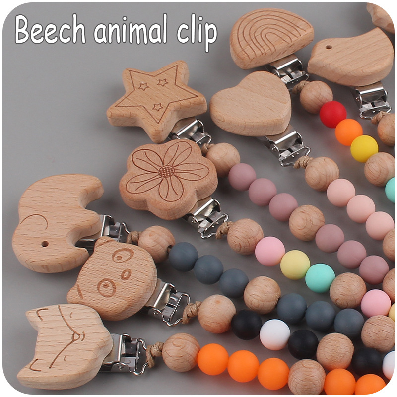 Suministros para bebés de dibujos animados animal de haya chupete clip calmante bebé DIY cuentas de silicona mordedura molar chupete cadena
