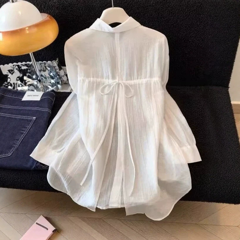 French-Style Back-Slit Tie-Up Thin Sun-Protective Shirt for Women, New Summer Air-Conditioning Shirt, Loose White Blouse