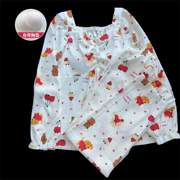 Pijamas de primavera y otoño, pantalones de manga larga, nubes de algodón, almohadilla de pecho dulce, conjunto de dos piezas, ropa de hogar simple.