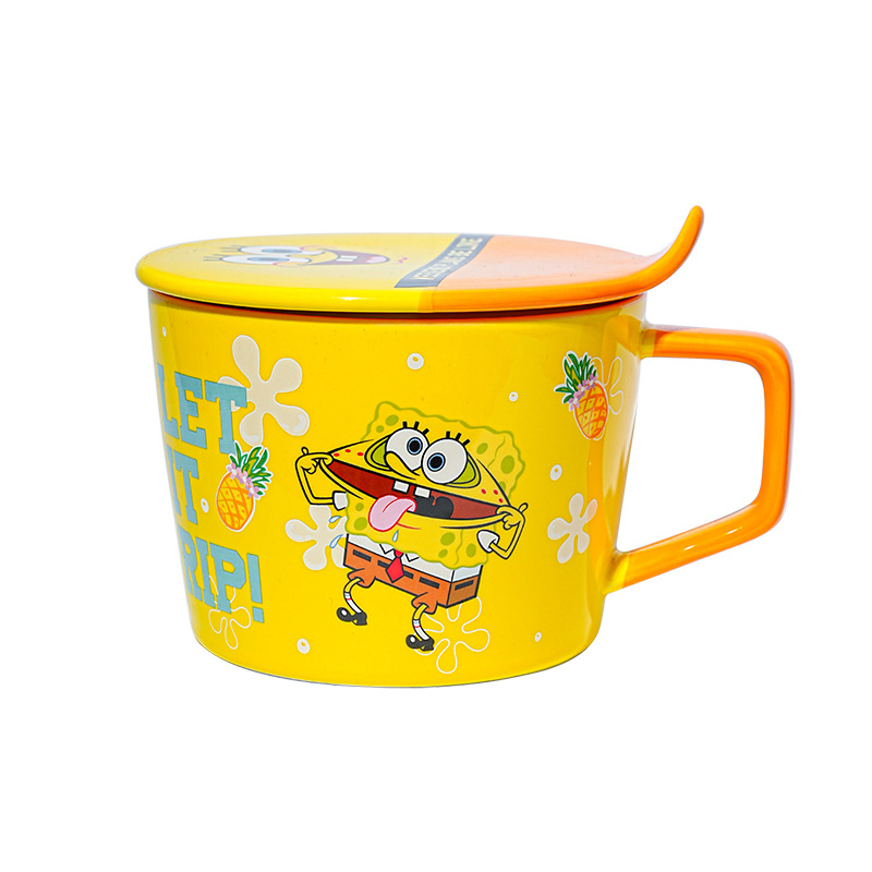 Bob Esponja Pai Daxing Cartoon Cerámica Tazón de fideos instantáneos Desayuno con tapa Tazón de arroz Set Pareja Regalo de cumpleaños Chicas