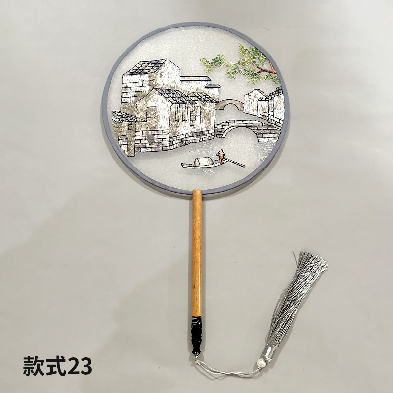Abanico de grupo bordado Abanico redondo clásico Abanico de palacio Hanfu chino Estilo antiguo Mango largo Borla Cheongsam Ventilador de baile de seda transparente