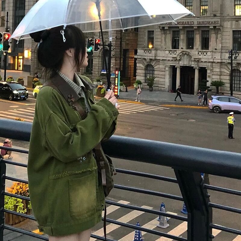 2025出街vintage”童趣刺绣磨毛牛仔外套春秋款ins绿色复古牛仔服|undefined