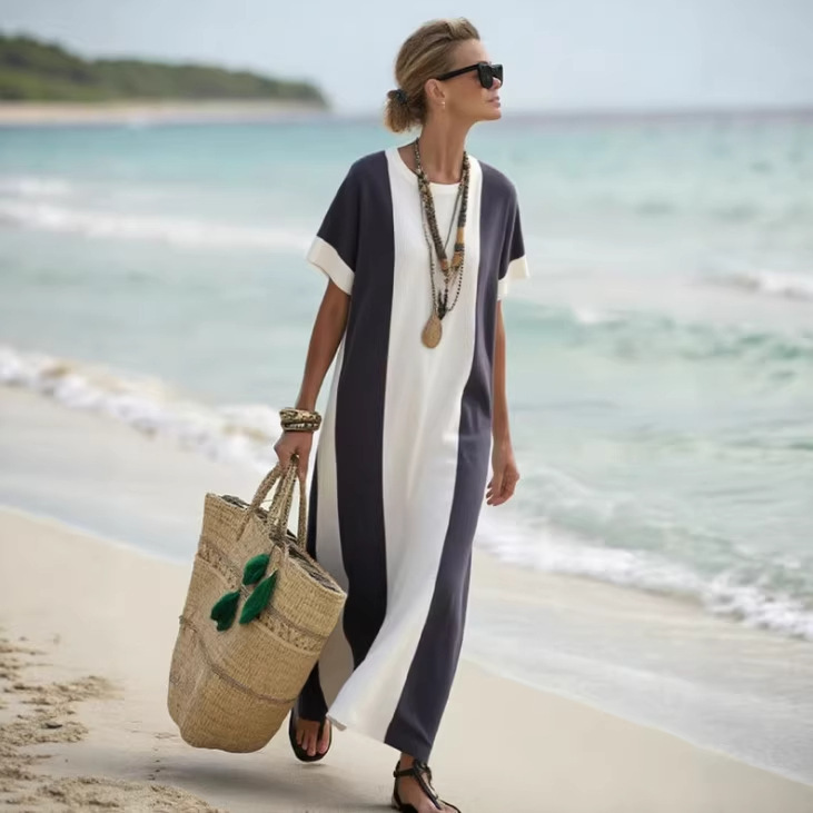 2025 Cross-Border European and American Holiday Style Women's Festive Color-Blocking Printed Round-Neck Loose Dress 2025 Cross-Border European and American Holiday Style Women's Festive Color-Blocking Printed Round-Neck Loose Dress