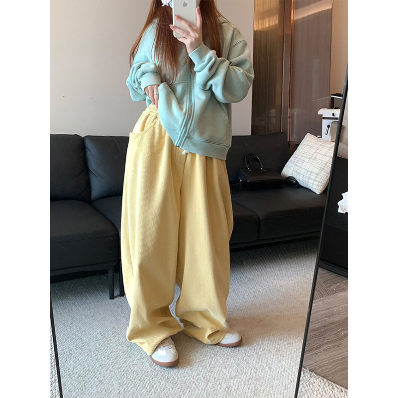 黄色灯芯绒运动裤女秋冬加绒加厚保暖棉裤卫裤睡裤阔腿裤休闲裤子