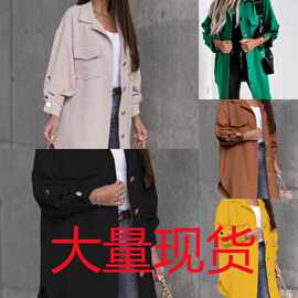 亚马逊速卖通秋冬新款 挽袖纽扣装饰中长款衬衣外套