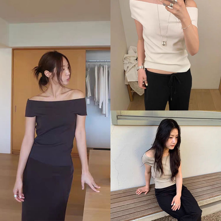 Fan Sun·Xh Korean Style Off-Shoulder Short-Sleeve Dongdaemun Summer New Elegant Solid Color Slim-Fit Slimming Knit Top Fan Sun·Xh Korean Style Off-Shoulder Short-Sleeve Dongdaemun Summer New Elegant Solid Color Slim-Fit Slimming Knit Top
