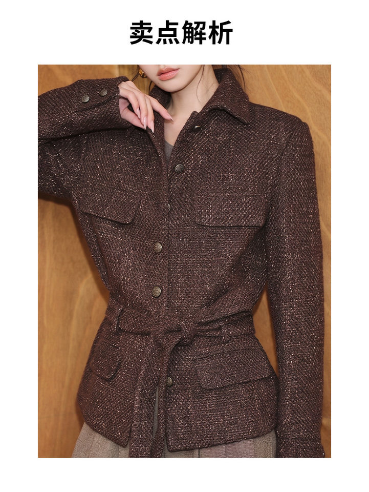 Áo khoác nữ dáng ngắn dạ tweed len có thắt lưng kiểu sơ mi chiết eo — Màu đỏ rượu Port chi tiết 3