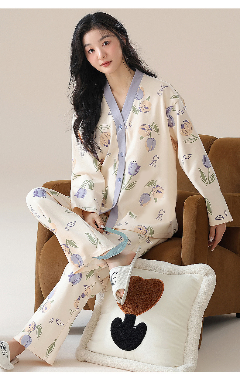 Pigiama blu ghiaccio per donna in primavera e autunno, pigiama in seta ghiaccio con pantaloni a maniche lunghe, nuovo set per la casa in seta_voghion.com
