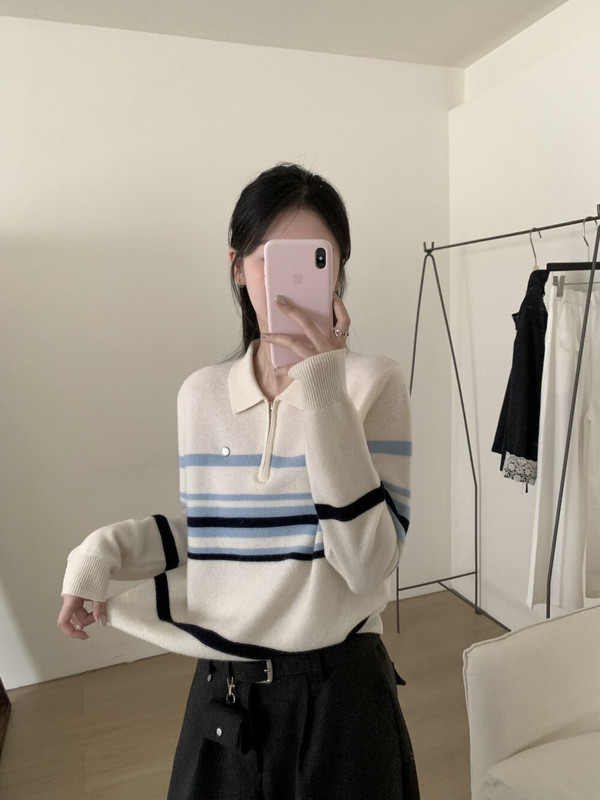 之言25秋冬季女款羊毛衫韩系条纹色拉链小翻领100羊毛针织衫毛衣|undefined