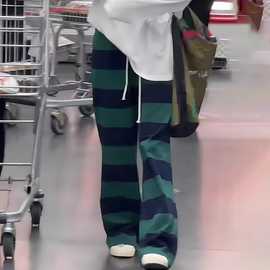 韩版绿色条纹休闲阔腿裤女早秋新款宽松垂感慵懒直筒裤薄运动裤子