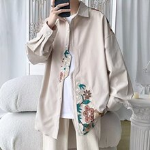 外贸复古春秋美式古着vintage长袖衬衫男宽松日系民族风外套衬衣