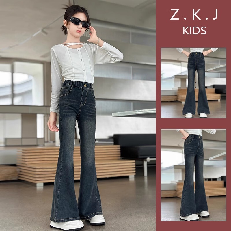 Girls' Denim Bell-Bottom Pants 2025 Spring & Fall New Style Girls' Spring Elastic Slim Fit Medium and Large Children's Slightly Flared Pants