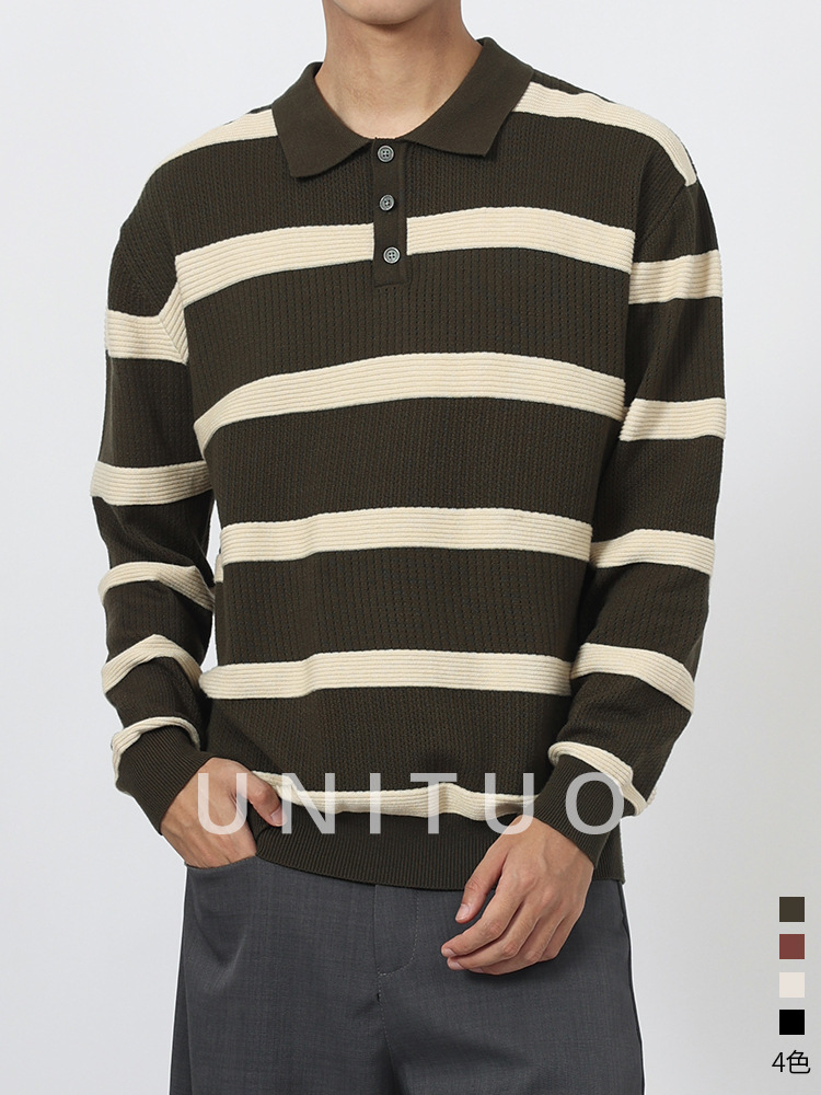 Hombres, nuevo estilo de alto nivel, polo a rayas, negocio casual, suéter de punto, polo romano, hombre