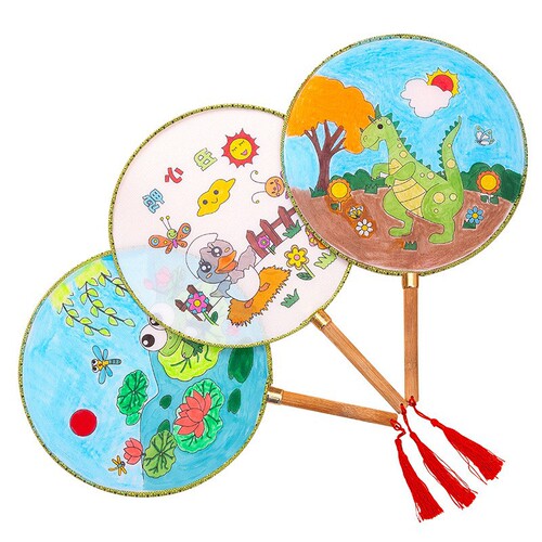 Round fan children's diy hand-painted blank fan painting white fan bamboo handle palace fan cooling fan kindergarten art materials