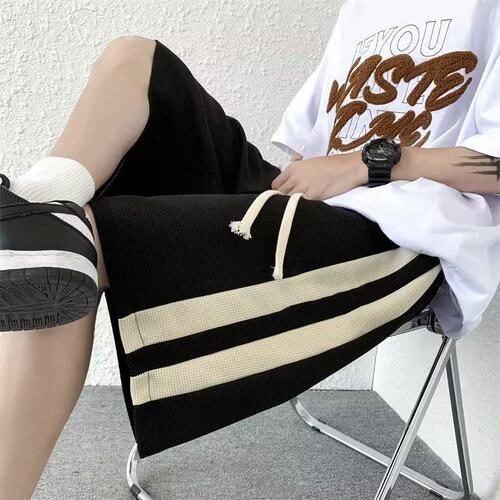 Waffle Short Shorts for Men - Summer Striped Athletic Fashion Trendy Cool Outerwear Basketball Wide Leg Five-Eighth American Loose