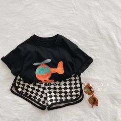 Children's Set 2023 New Summer Outfit Unisex Short Sleeve T-shirt Stylish Black and White Grid Shorts Two-Piece Set 0041