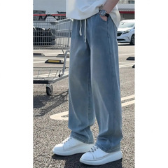 クールなアイスシルクの軽いジーンズメンズ夏ハイストリートバイブルーズストレートパンツアメリカンレトロウォッシュパンツトレンディ