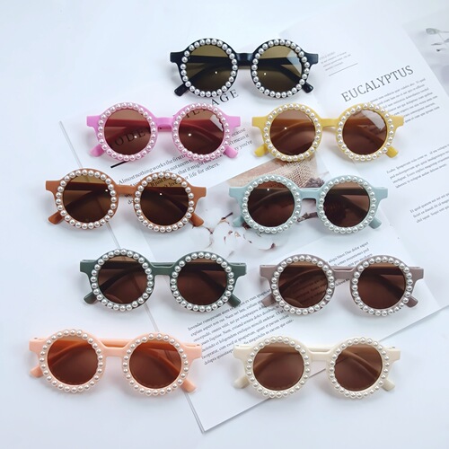 New Pearl-Studded Children's Sunglasses for Girls, Cute Baby Handmade Round Aviator Sunglasses for Boys, UV Protection