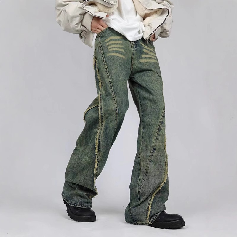 Men's Distressed Straight-Leg Jeans Vintage Washed High Street Denim Pants Raw Hem Slight Flare_mkmklike.com