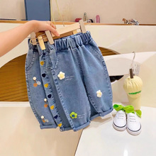 韩版女童服装，可爱时尚风格，宽松阔腿牛仔裤，适合夏季穿着