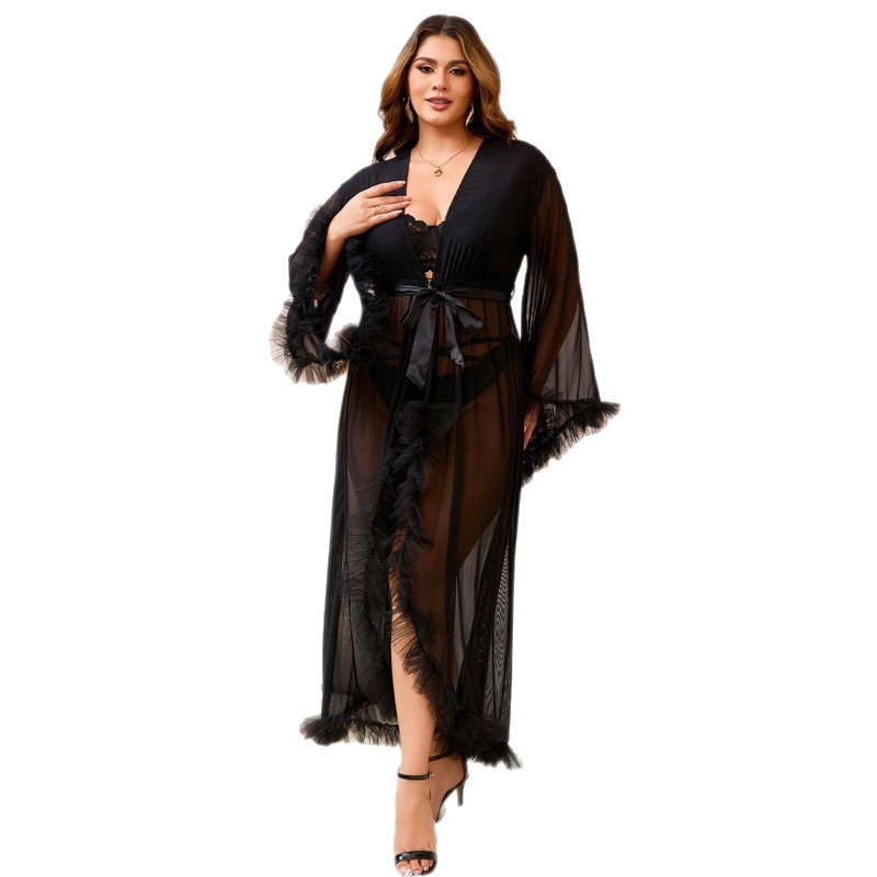 Comercio exterior transfronterizo al por mayor más el tamaño de la ropa interior sexy de las mujeres de malla ver-a través de manga larga cardigan camisón sexy conjunto de tres piezas