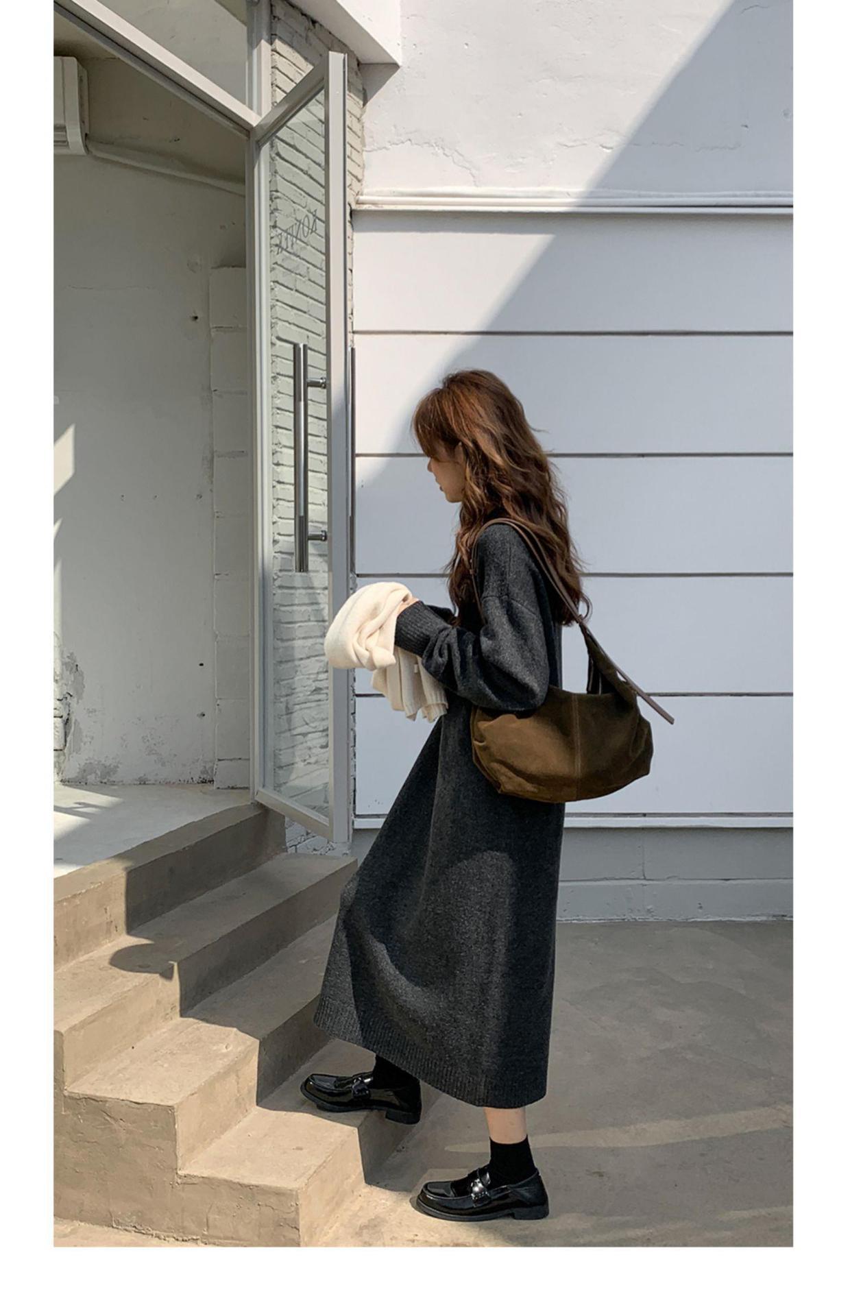 Polokragen Unterrock Herbst Winter, gepaart mit Mantel, lang knielang, fauler Stil, lockerer und dicker Pullover, gestrickt_voghion.com