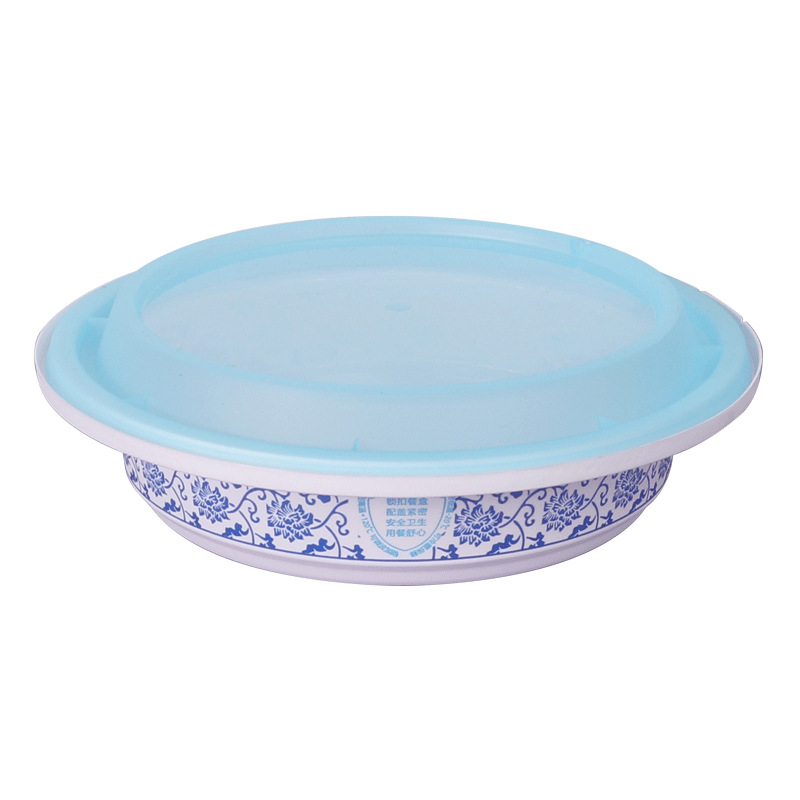 Caja de comidas desechable de plástico grueso PP barril de gachas cerradura caja de embalaje de flores azules tazón de sopa comercial con cubierta caja de sopa para llevar