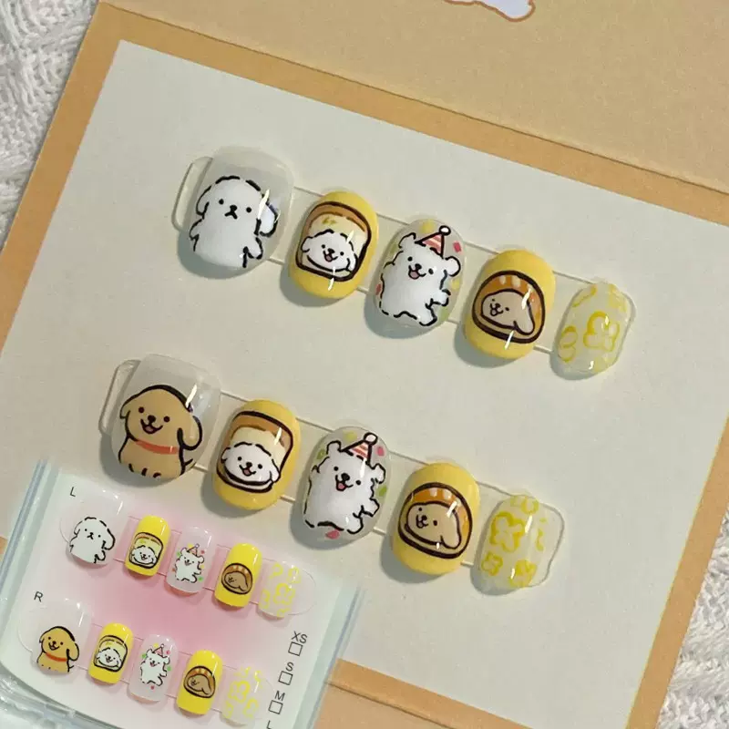 线条小狗涂鸦卡通可爱穿戴甲学生成品可拆卸美甲甲片短方批发
