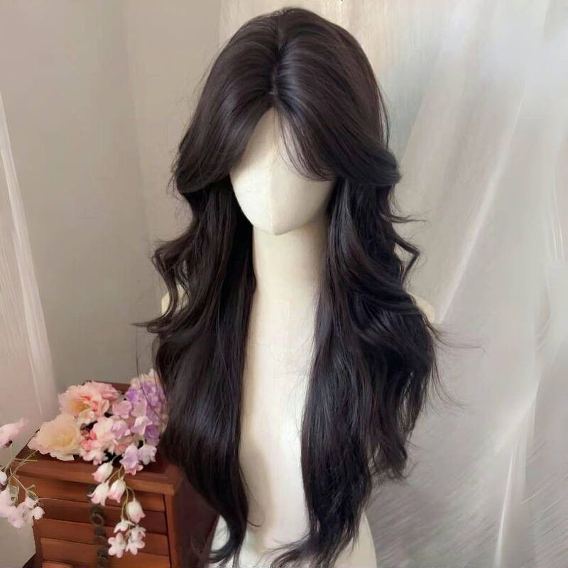 Kony Wig [No Hair Net Needed] New Style Fine Crafted Wig with Middle Parting, Brown-Black Long Curly Hair, Natural Realistic Hair Fibers