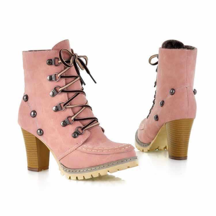2021 Autumn and Winter Thick Heel Round Head Low Barrel Front Lace-up Pink Rivet Carabiner Solid Color Women pu Martin Boots 2021 Autumn and Winter Thick Heel Round Head Low Barrel Front Lace-up Pink Rivet Carabiner Solid Color Women pu Martin Boots