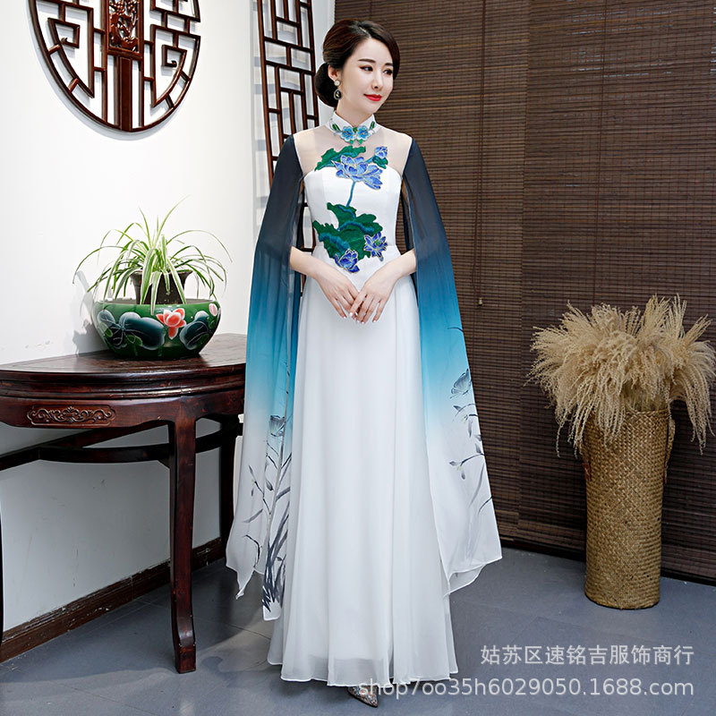 大合唱团礼服中国风显瘦旗袍长款晚装主持礼仪表演走秀演出服大码