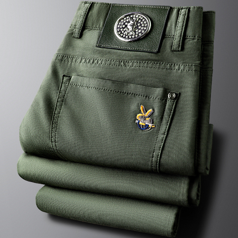 Light luxury good green casual pants men's slim-fit embroidered cotton soft business pants spring and summer men's small straight pants