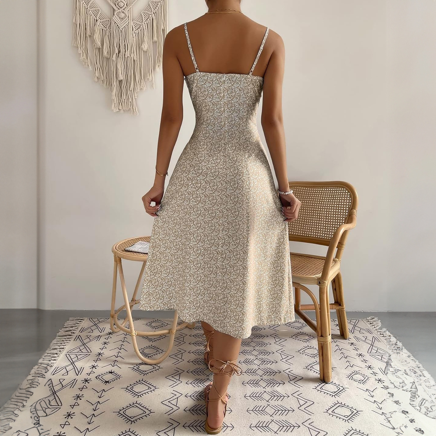 Summer Printed Pleated Backless Self Tie Slit Dress Women