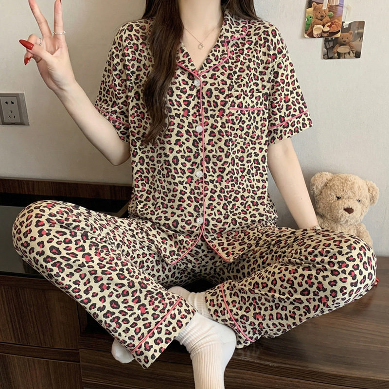 Contrast color design American-style leopard print short-sleeve long-pants pajamas for women, summer loose-fitting faux cotton home wear set wholesale