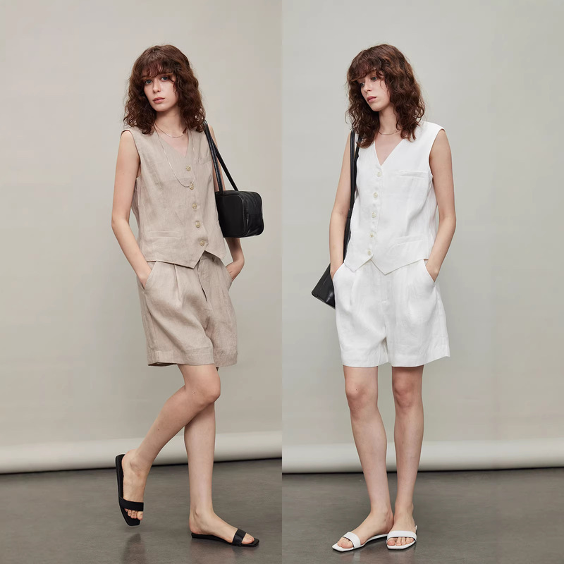 Minimalist Old Money Style Silhouette 100% Linen V-Neck Slimming Suit Vest and Linen Shorts Set