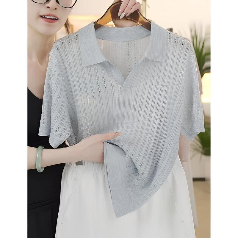 Plus-Size Women's Summer Ice Silk Polo Collar Short-Sleeve Knit Top, Loose Fit, Slimming, Stylish Cover-Up Shirt