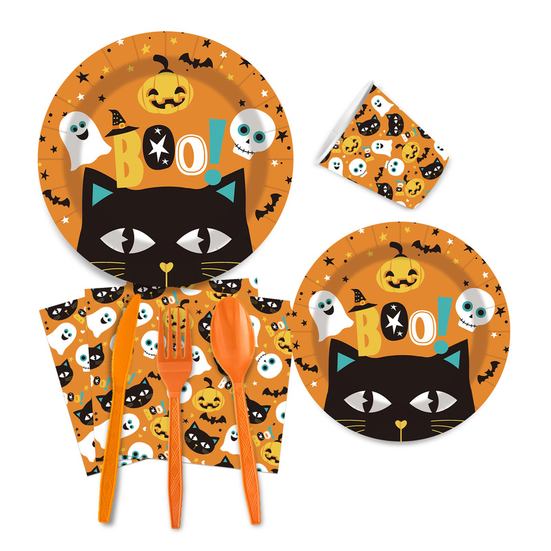 ハロウィン黒猫カボチャゴーストテーマホリデー使い捨て紙ディナープレート紙コップティッシュパーティー誕生日用品|undefined