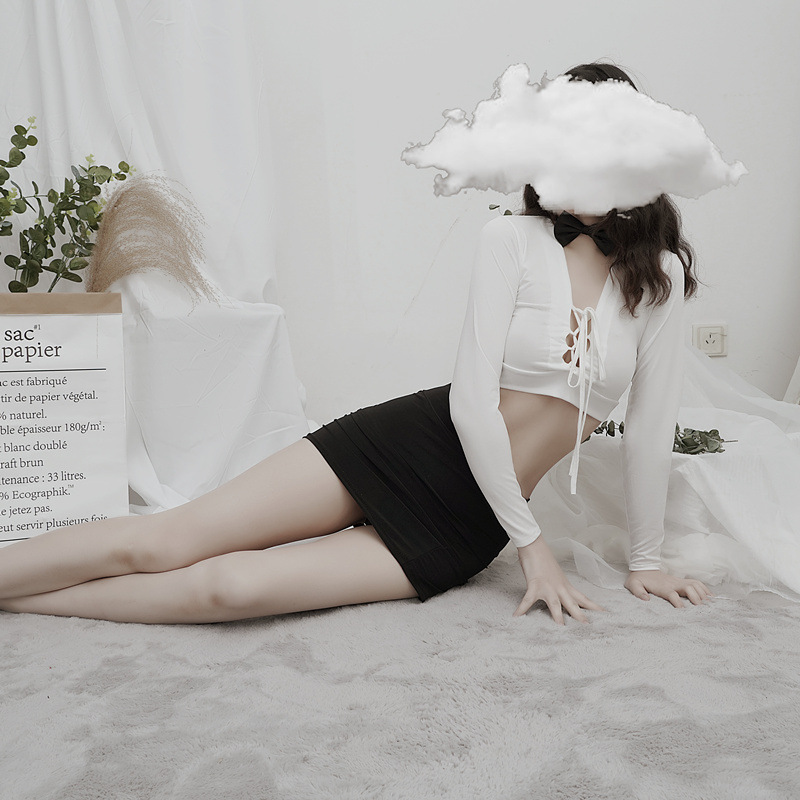 Lencería sexy Secretario traje uniforme tentación seda de la leche Falda corta coqueta rayas en el pecho fugas entrega directa fábrica