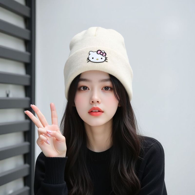 新款kt卡通图案硅胶针织帽可爱时尚猫咪针织帽牢固帽子女款时尚|undefined