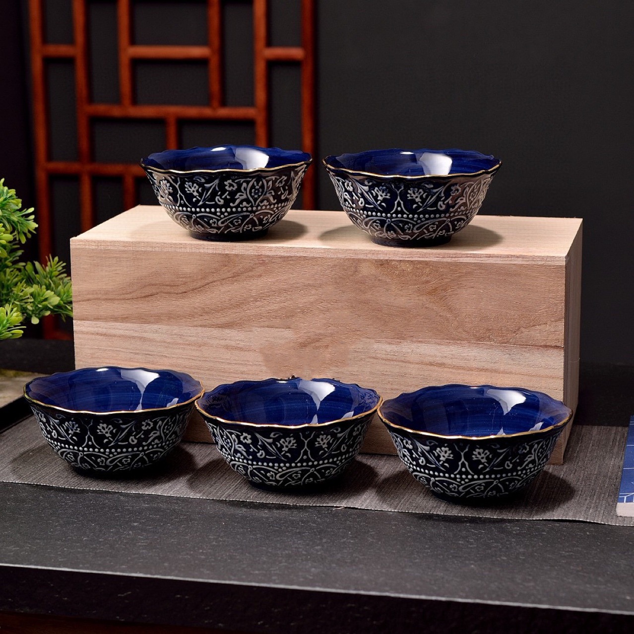 九谷同款蓝釉骨瓷五碗米饭碗木盒包装家用送礼